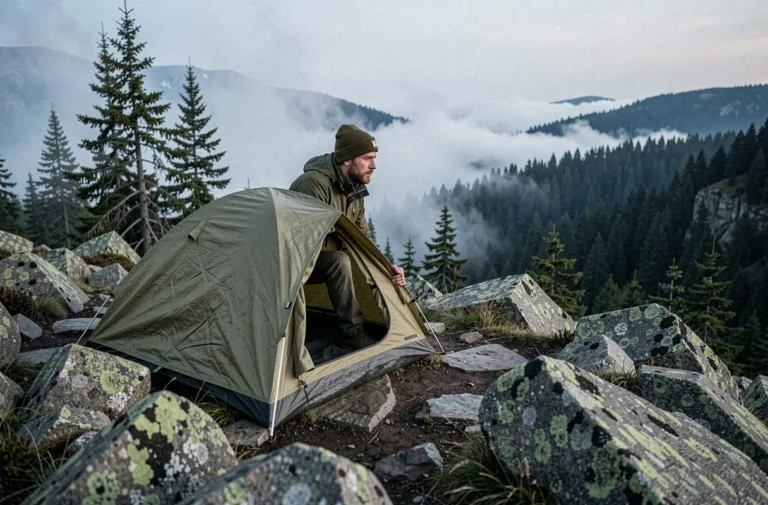 Randonneur installant une tente bivouac sur une crête montagneuse au crépuscule, entouré de forêt dense et de brouillard, illustrant les dangers de dormir en plein air