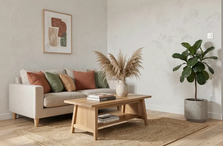 Salon moderne et chaleureux décoré dans un style scandinave avec canapé en lin beige, coussins texturés, table basse en chêne et plantes d'intérieur