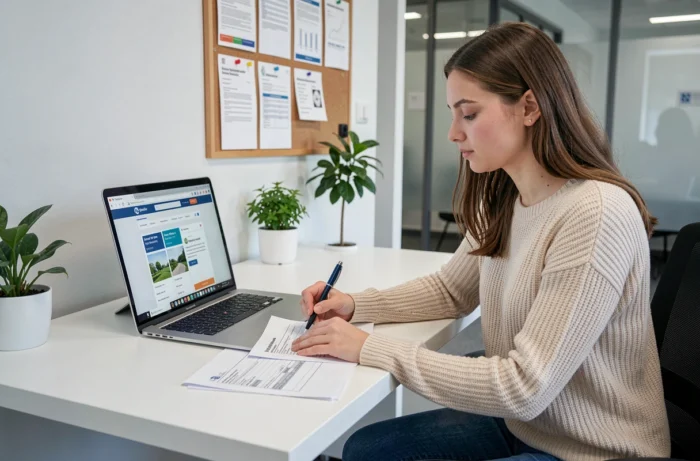 Femme remplissant un formulaire de demande d'aide publique à l'énergie dans un bureau administratif luxembourgeois