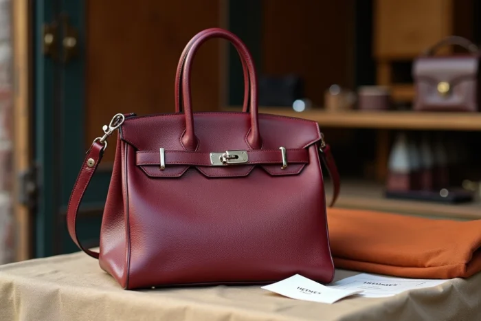 Détail du fermoir et du blind stamp d'un sac Hermès Constance vintage authentique sur un marché de luxe