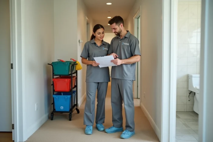 Deux techniciens en nettoyage professionnel examinent un devis de prestation dans le couloir d'un appartement vide avec leur équipement de travail