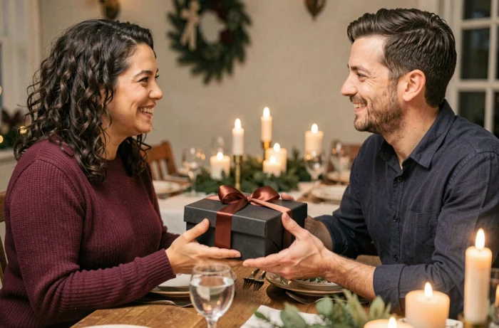 Deux adultes échangeant un coffret cadeau de rhum arrangé lors d'un dîner festif en intérieur