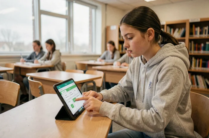 Une lycéenne utilise une tablette avec une application pédagogique innovante dans une salle de classe moderne