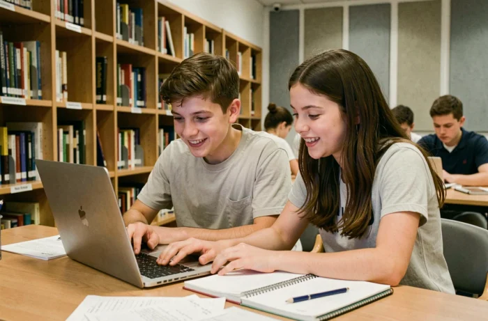 Deux élèves collaborent sur un projet numérique dans un espace de travail moderne d'une bibliothèque scolaire