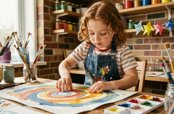 Jeune fille concentrée sur une peinture aquarelle dans un coin créatif maison avec matériel artistique coloré