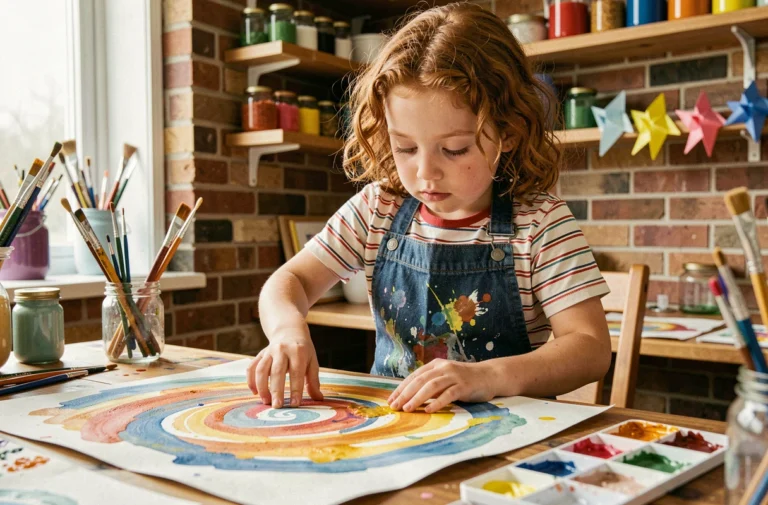 Jeune fille concentrée sur une peinture aquarelle dans un coin créatif maison avec matériel artistique coloré