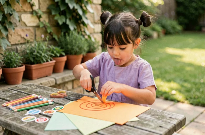 Petite fille faisant du bricolage en plein air dans un jardin, découpant du papier coloré à une table en bois