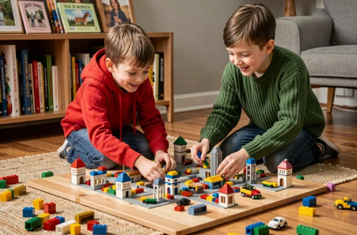Deux garçons construisant ensemble une ville en LEGO sur le sol d'un salon familial chaleureux