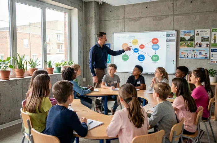 Un enseignant utilise un tableau blanc interactif pour illustrer un cours devant des élèves attentifs dans une salle moderne