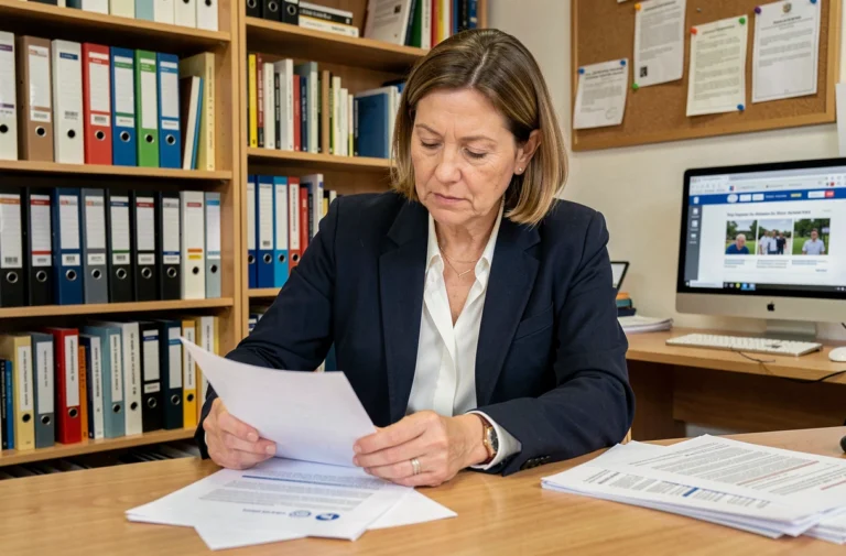 Enseignante consultant le bulletin officiel de l'éducation nationale dans un bureau administratif scolaire