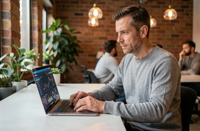Entrepreneur concentré analysant les tendances business sur son ordinateur dans un espace de coworking