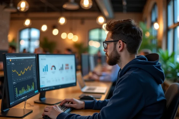 Jeune entrepreneur masculin développant son business en ligne dans un espace de coworking animé
