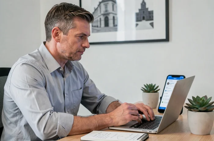Entrepreneur concentré utilisant des outils numériques innovants depuis son bureau à domicile pour booster son activité