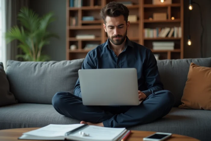 Entrepreneur en télétravail planifiant le lancement de son business en ligne avec un journal de bord et un ordinateur portable