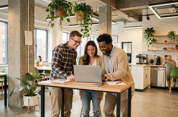 Équipe de collègues collaborant autour d'un ordinateur portable dans un espace de coworking moderne favorisant le bien-être au travail