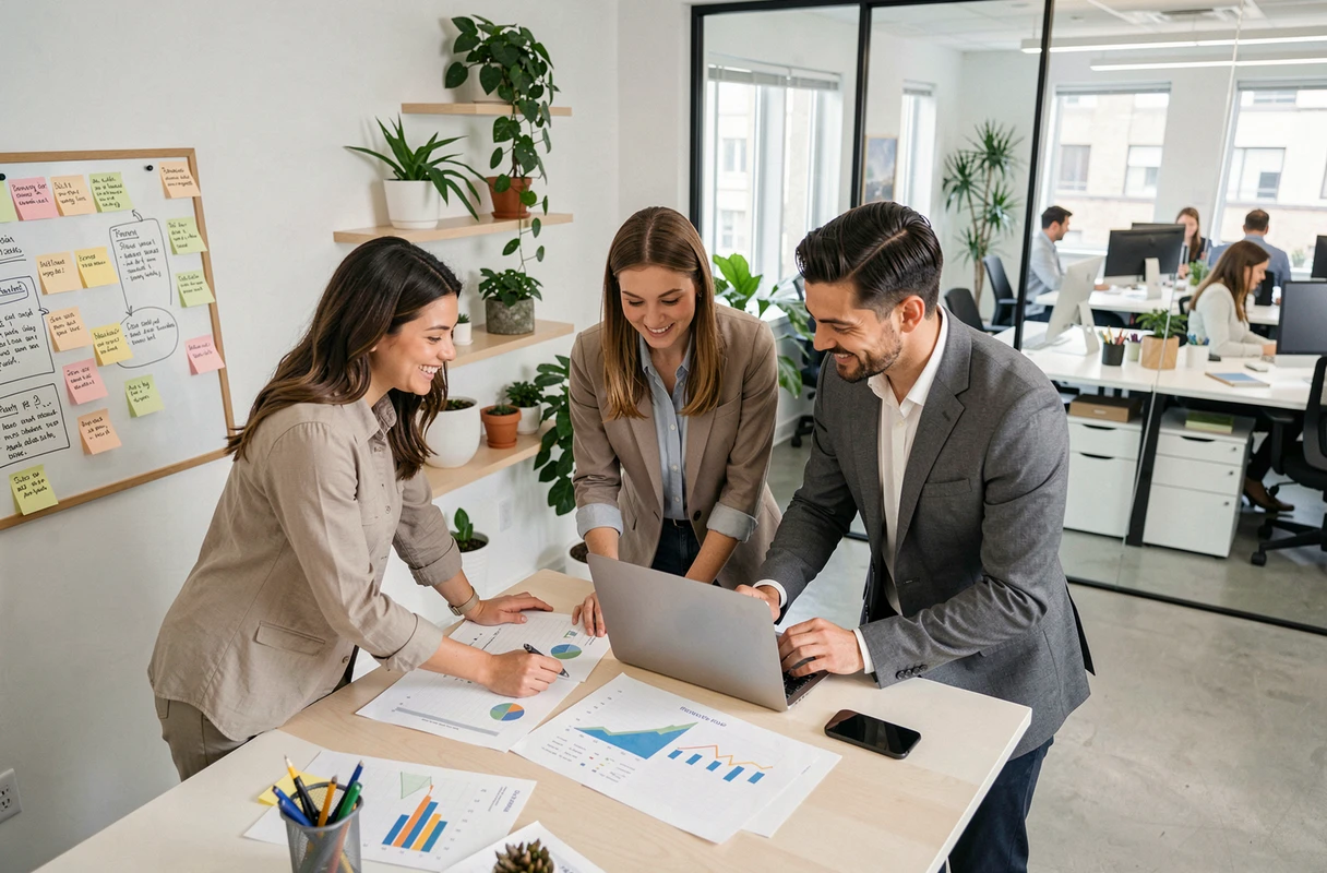 Équipe professionnelle diverse en collaboration autour d'un bureau debout dans un bureau moderne avec tableaux de brainstorming et plantes