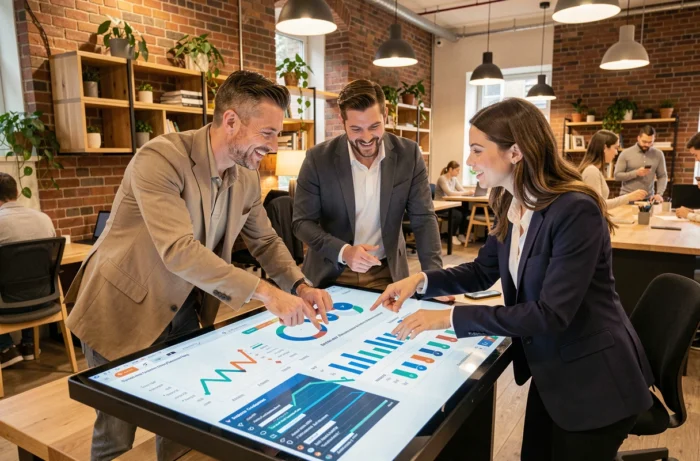 Équipe professionnelle collaborant autour d'une table numérique interactive pour développer des solutions business en ligne