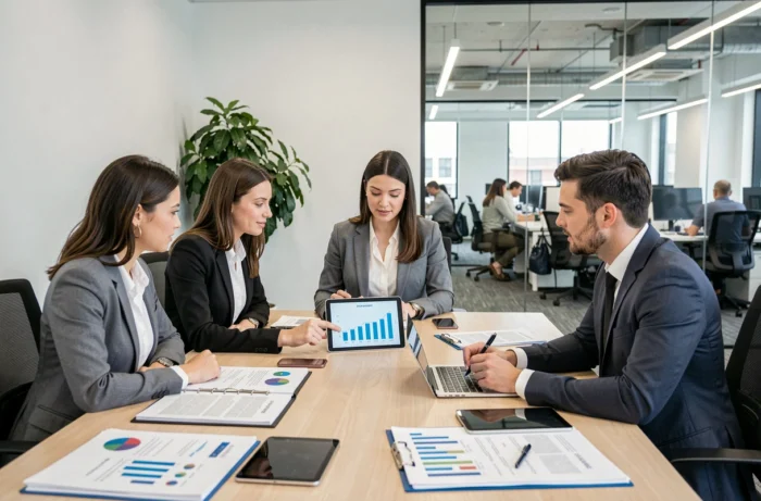Équipe de professionnels discutant de dossiers et d'actualités économiques en salle de réunion