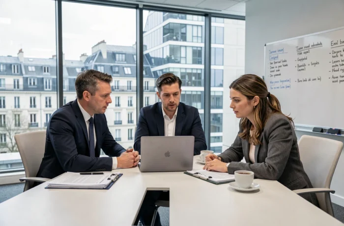 Équipe de juristes en réunion dans un cabinet d'avocats moderne à Paris analysant des dossiers juridiques