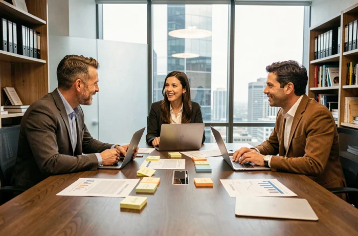 Équipe de professionnels discutant des nouvelles tendances business autour d'une table de réunion