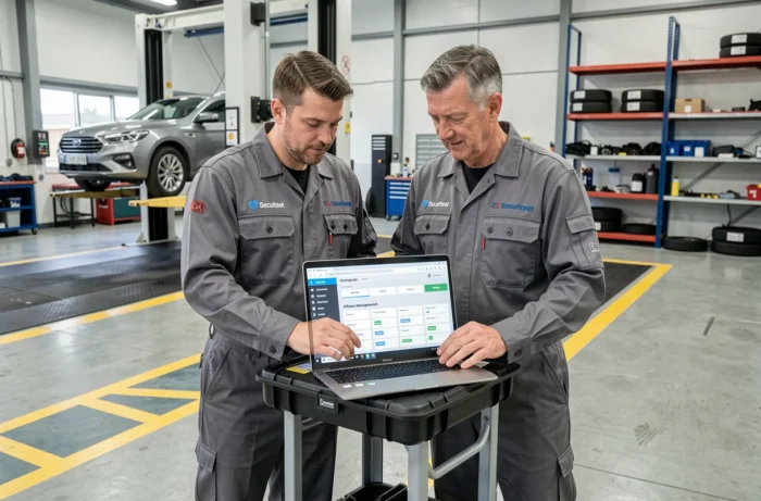 Deux techniciens Securitest consultant ensemble l'espace affilié en ligne sur un ordinateur portable dans un centre de contrôle technique