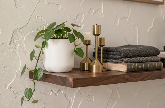 Gros plan sur une étagère en noyer décorée avec des accessoires design : plante verte, bougeoirs en laiton et livres vintage pour une décoration maison élégante
