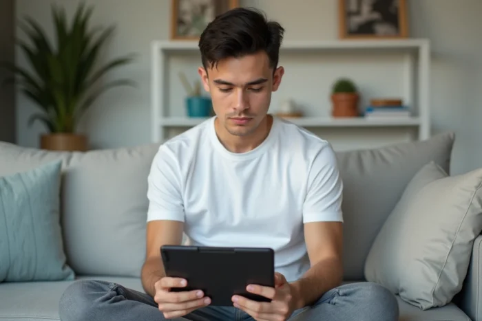 Jeune homme consultant sa tablette pour suivre les étapes d'ajout d'un bénéficiaire sur son compte Société Générale