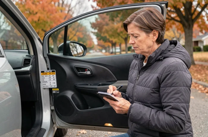 Femme consultant l'étiquette de pression des pneus recommandée sur le montant de porte d'une Toyota Yaris hybride