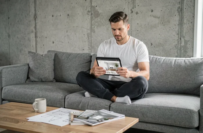 Étudiant en design d'intérieur en ligne installé sur un canapé avec une tablette affichant un cours à distance