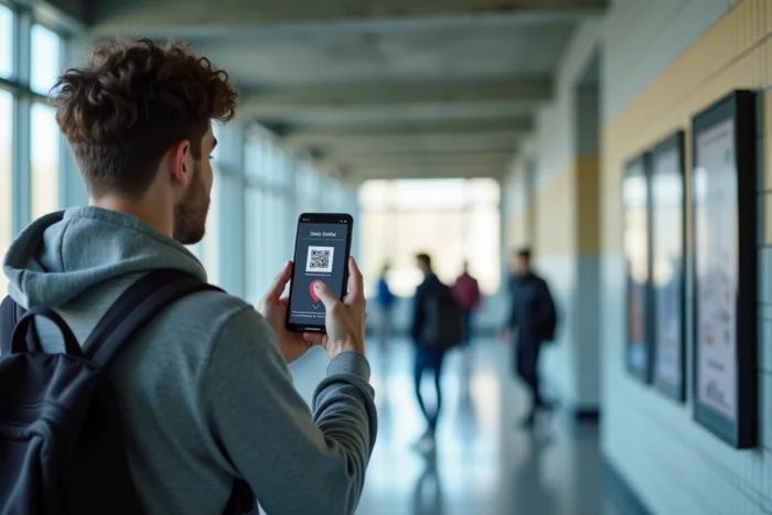 Étudiant dans un couloir universitaire scannant un QR code sur un panneau numérique pour accéder à un portail académique sécurisé