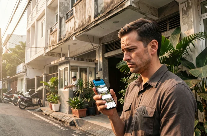 Expatrié vérifiant une annonce immobilière en ligne devant un immeuble résidentiel à Bangkok pour détecter une possible arnaque