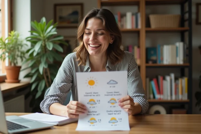 Femme riant en tenant un faux bulletin météo personnalisé humoristique pour souhaiter de bonnes vacances