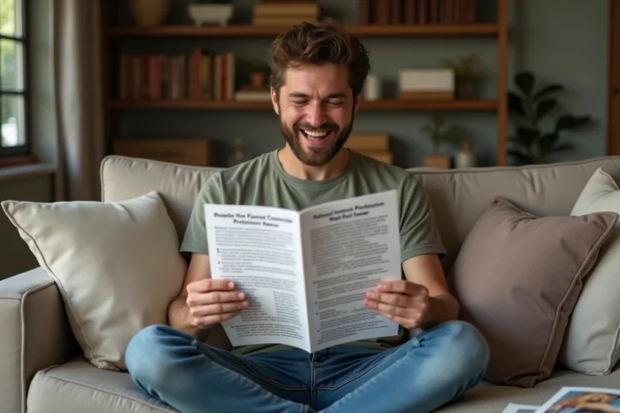 Homme lisant un faux horoscope vacances sur mesure avec une expression amusée dans son salon