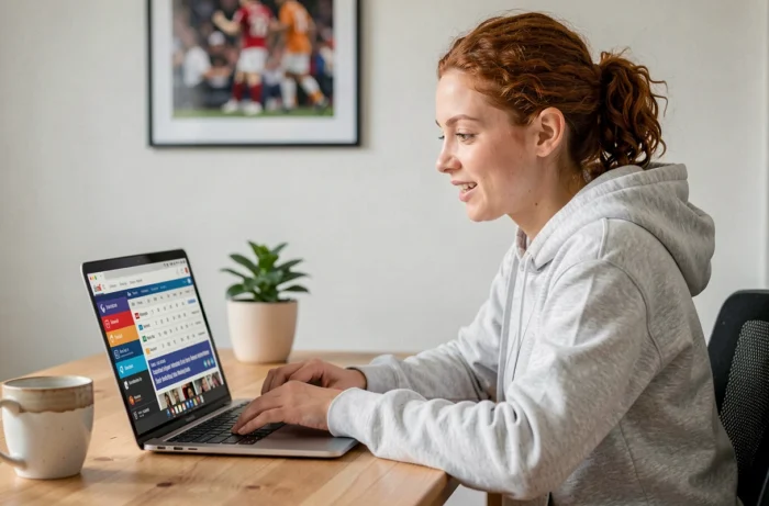 Femme consultant les actualités sportives en direct sur son ordinateur portable