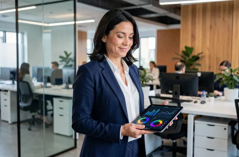 Femme d'affaires confiante tenant une tablette avec des données analytiques dans un bureau moderne tendance