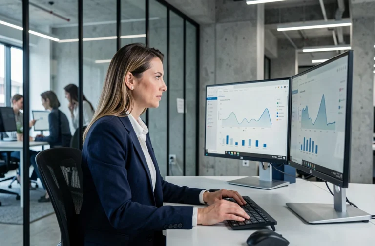 Femme d'affaires analysant des tableaux de bord numériques dans un bureau moderne pour optimiser sa stratégie d'entreprise