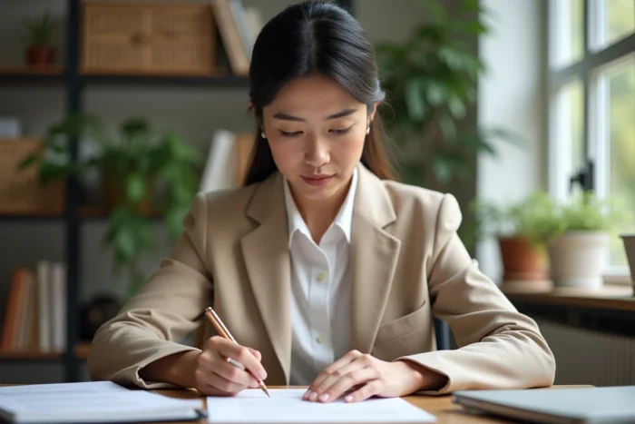 Femme professionnelle concentrée dans un appartement parisien moderne, symbolisant la personnalité discrète et la vie personnelle d'une artiste française connue