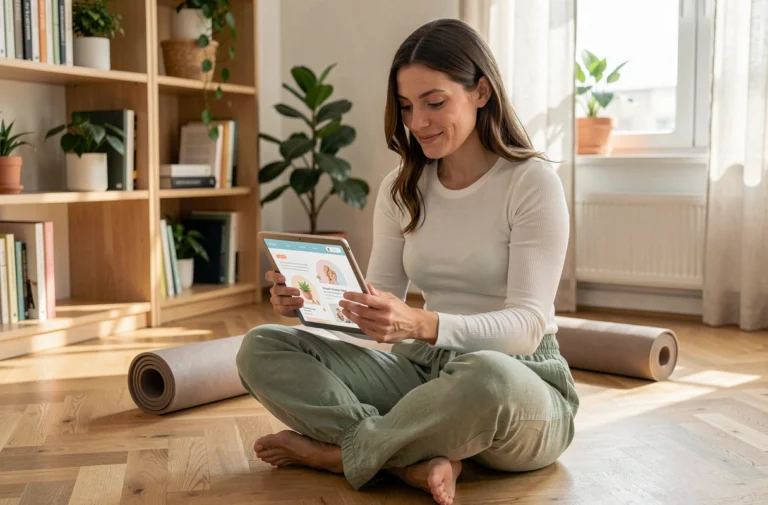 Femme consultant un blog santé innovant sur tablette dans un appartement minimaliste moderne en 2026