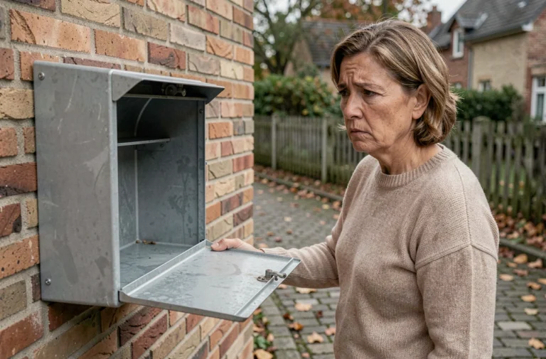 Femme devant une boîte aux lettres vide cherchant son magazine Télé Z