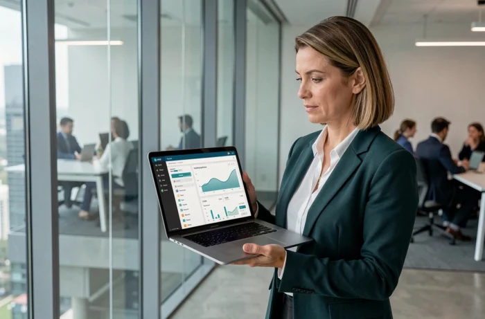 Femme cadre consultant une plateforme de gestion de formations à distance sur un ordinateur portable dans un environnement de bureau professionnel