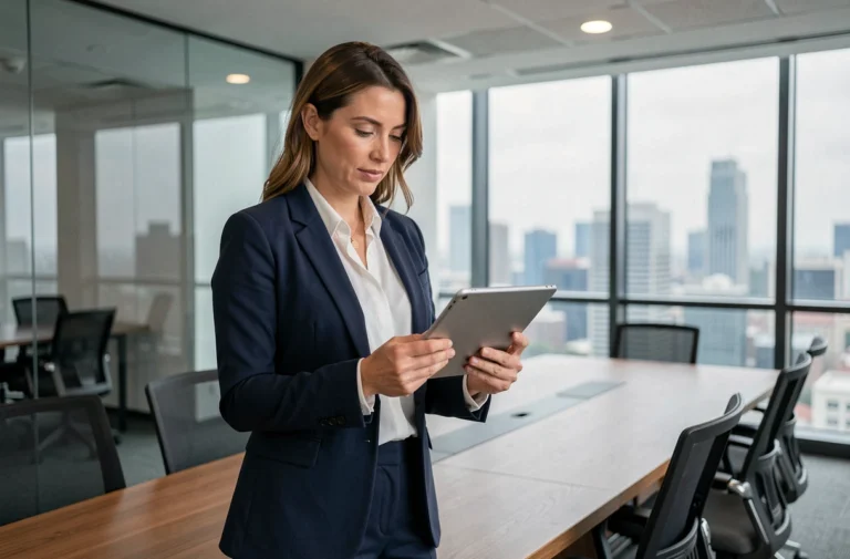 Femme cadre professionnelle en blazer marine consultant des documents sur tablette dans une salle de réunion moderne avec vue sur la ville