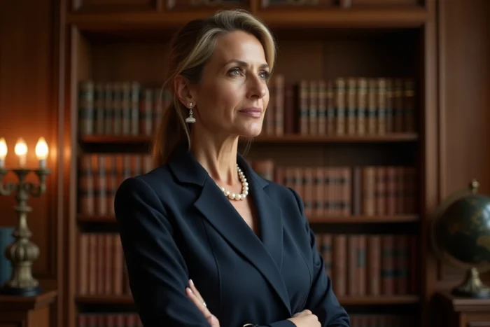 Portrait d'une femme française élégante en blazer marine dans une bibliothèque historique, évoquant les grandes figures féminines de l'histoire de France