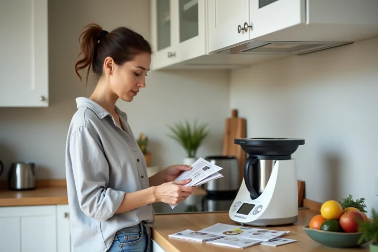 Femme comparant les offres Thermomix dans une cuisine moderne en consultant des brochures posées à côté de l'appareil