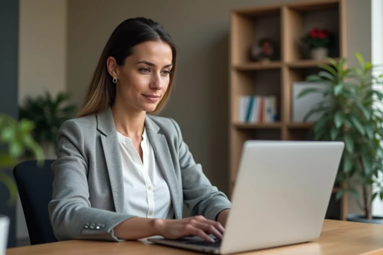 Femme professionnelle configurant son webmail Akeonet sur un ordinateur portable dans un bureau moderne à domicile