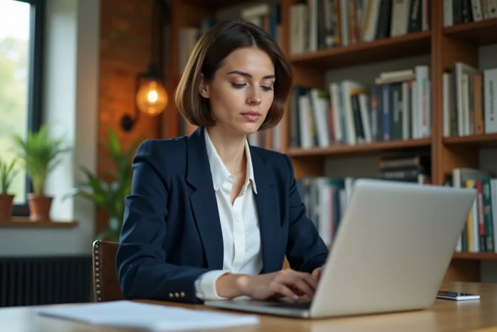 Femme consultant les actualités d'Atlantic News sur un ordinateur portable dans un bureau à domicile moderne