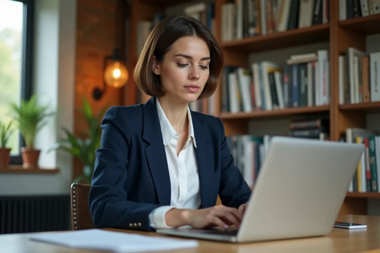Femme consultant les actualités d'Atlantic News sur un ordinateur portable dans un bureau à domicile moderne