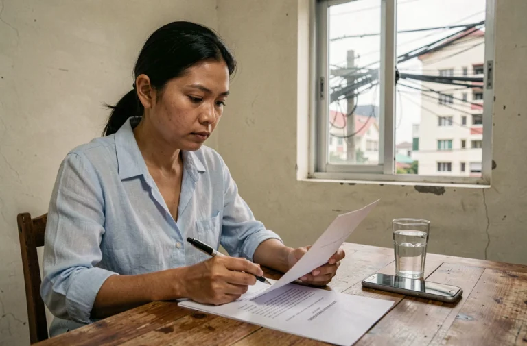 Femme examinant attentivement un contrat de location d'appartement à Bangkok pour éviter les arnaques immobilières
