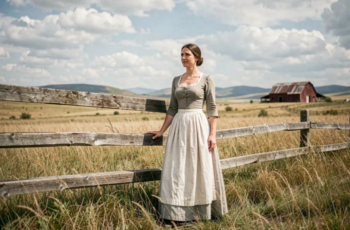 Femme en costume historique des années 1870 debout près d'une clôture en bois dans une prairie dorée, évoquant l'univers de La Petite Maison dans la Prairie