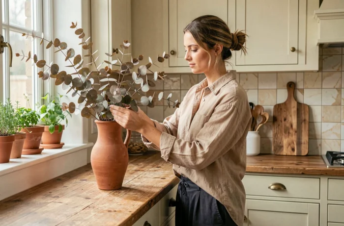Femme arrangeant des branches d'eucalyptus dans une cuisine rustique chaleureuse avec carrelage zellige et accessoires en laiton vieilli