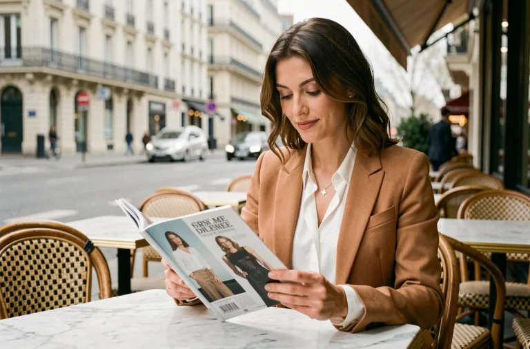 Femme élégante parcourant un magazine de mode en terrasse de café parisien, style glamour et tendances lifestyle